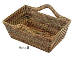 Calaisio Rectangular Basket Collection: Handwoven basket with a single curved handle, labeled "Small" in the bottom left—an elegant storage solution for any room.