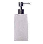 Nashi Home Bath Collection's Swirl White soap dispenser features a marble pattern and stainless steel pump, part of the vibrant color resin series, isolated on white.