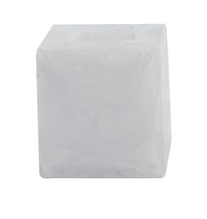 A solid white cube with a smooth surface, part of the Nashi Home Bath Collection Swirl White, sits isolated on a plain background, evoking the serene simplicity of Sydney beaches.