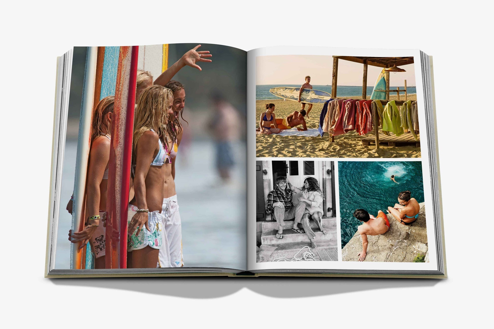 An open issue of Assouline’s "Biarritz Basque" reveals a collection of stunning beach-themed photographs, highlighting surfers with boards in Biarritz, beach chairs by the ocean, two people on steps, and two individuals by a natural pool in the Basque Country.