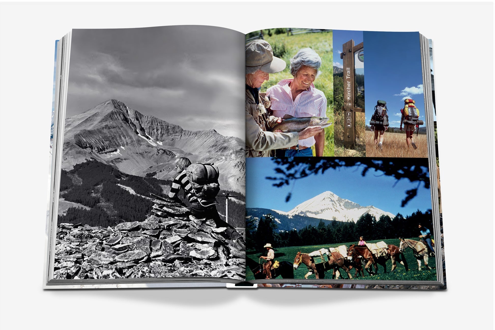 An open book from Assouline titled "Big Sky" displays photos of people hiking, horseback riding, and reading trail signs amid the stunning mountainous landscapes of Montana.