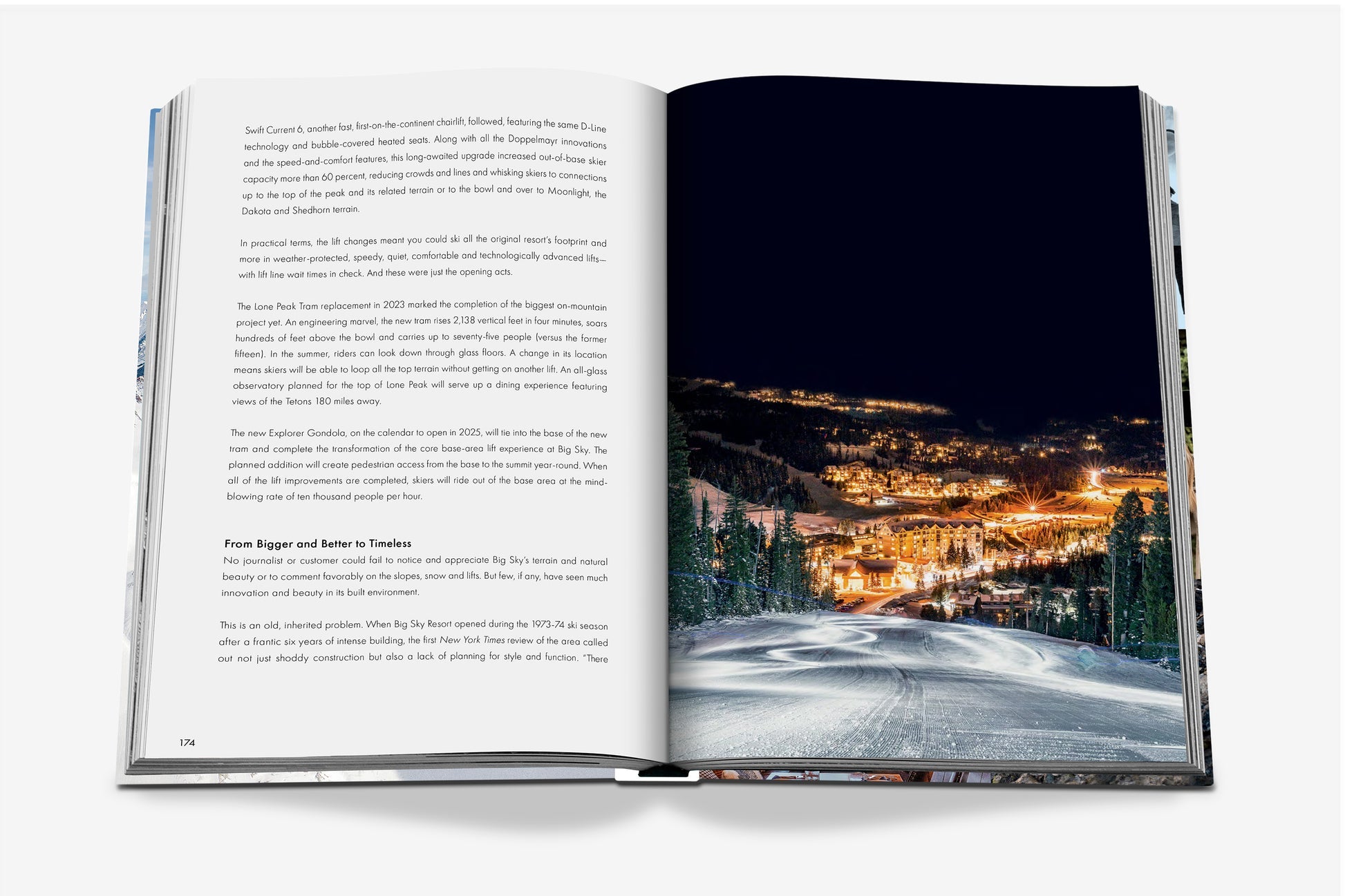 An open book displays a text page on the left and, on the right, a nighttime photo of Big Sky Resort in Montana nestled in snowy mountains, featured in "Big Sky" by Assouline.