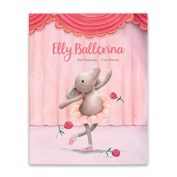Elly Ballerina Book from Jellycat. Featuring an adorable grey elephant in a pink ballerina tutu with roses against a pink curtain backdrop.