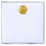The Black Ink Baseball Small Paddie features a gold baseball with white stitching at the top of a blank notepad, creating a unique writing surface against a crisp white square background.
