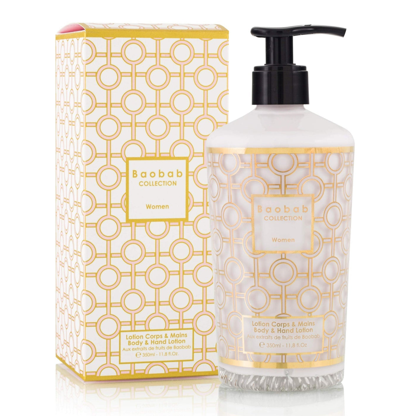 A Baobab Collection Women Body Wellness Collection lotion bottle with a pump sits beside its matching box, offering a floral fragrance that delights the senses.
