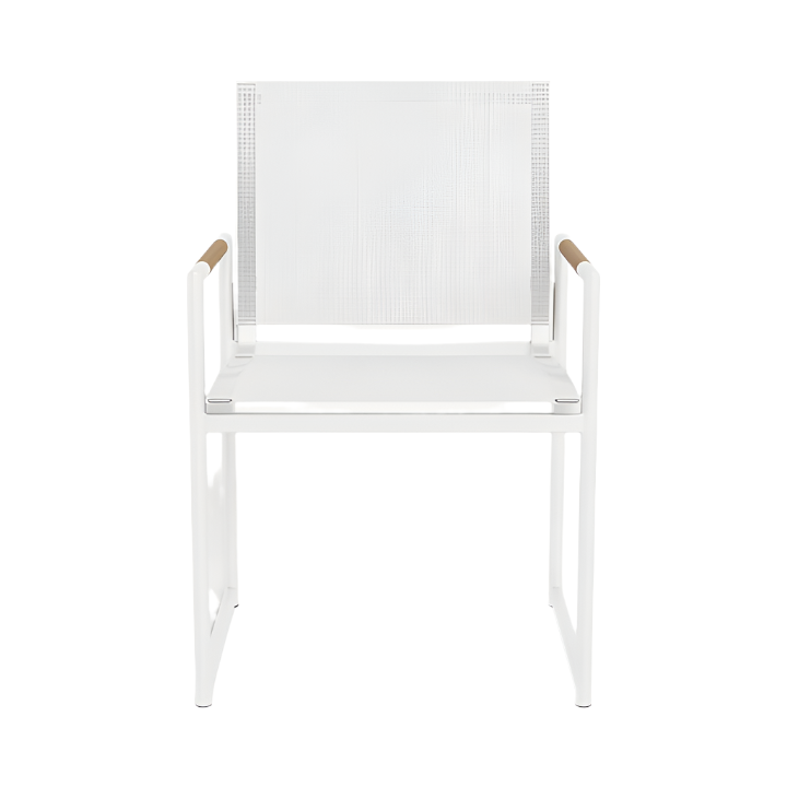 The Breeze Dining Chair in White Panama Blanco by HARBOUR OUTDOOR is a modern aluminum outdoor chair with armrests and a mesh backrest, featuring an all-weather sling seat, shown against a plain white background.