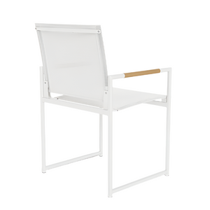 The HARBOUR OUTDOOR Breeze Dining Chair in White Panama Blanco features an aluminum frame, mesh all-weather sling seat and back, and a wooden accent on the right armrest, shown from the rear.