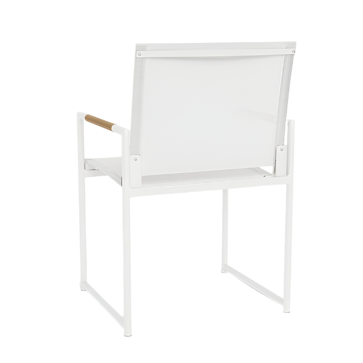The HARBOUR OUTDOOR Breeze Dining Chair in White Panama Blanco features a modern aluminum frame, mesh backrest, wooden armrests, and an all-weather sling seat, shown from the back on a white background.