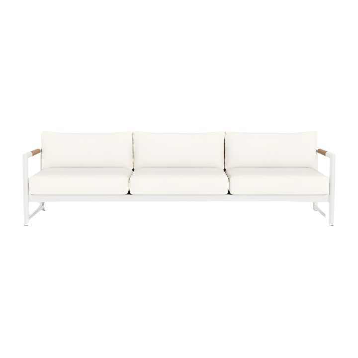 The HARBOUR OUTDOOR Breeze XL Sofa in White Panama Blanco features a minimalist metal frame and straight armrests, making it a perfect modern outdoor three-seat sofa for contemporary spaces, shown here against a plain white background.