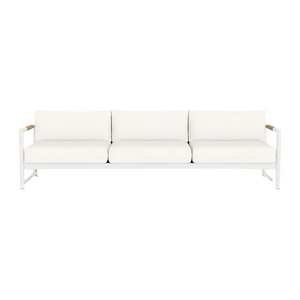 The HARBOUR OUTDOOR Breeze XL Sofa in White Panama Blanco features a minimalist metal frame and straight armrests, making it a perfect modern outdoor three-seat sofa for contemporary spaces, shown here against a plain white background.