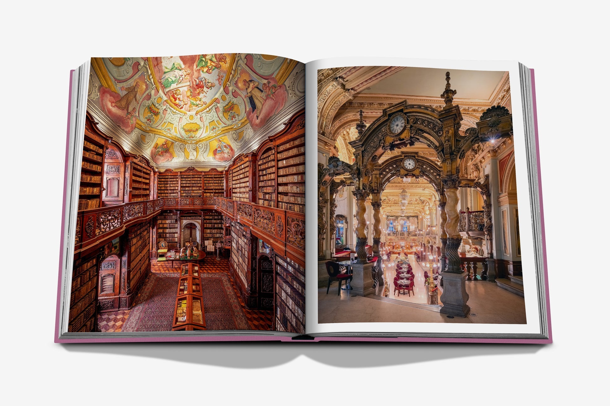 A copy of Assouline's "Budapest Gem" captures the elegant splendor of an ornate library interior, showcasing bookshelves, decorative ceiling art, and intricate wooden details that echo the grandeur found near the Széchenyi Chain Bridge.