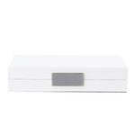 Addison Ross White Lacquer Jewelry Box boasts a sleek lacquered finish and is adorned with a silver rectangular metallic accent on the front.