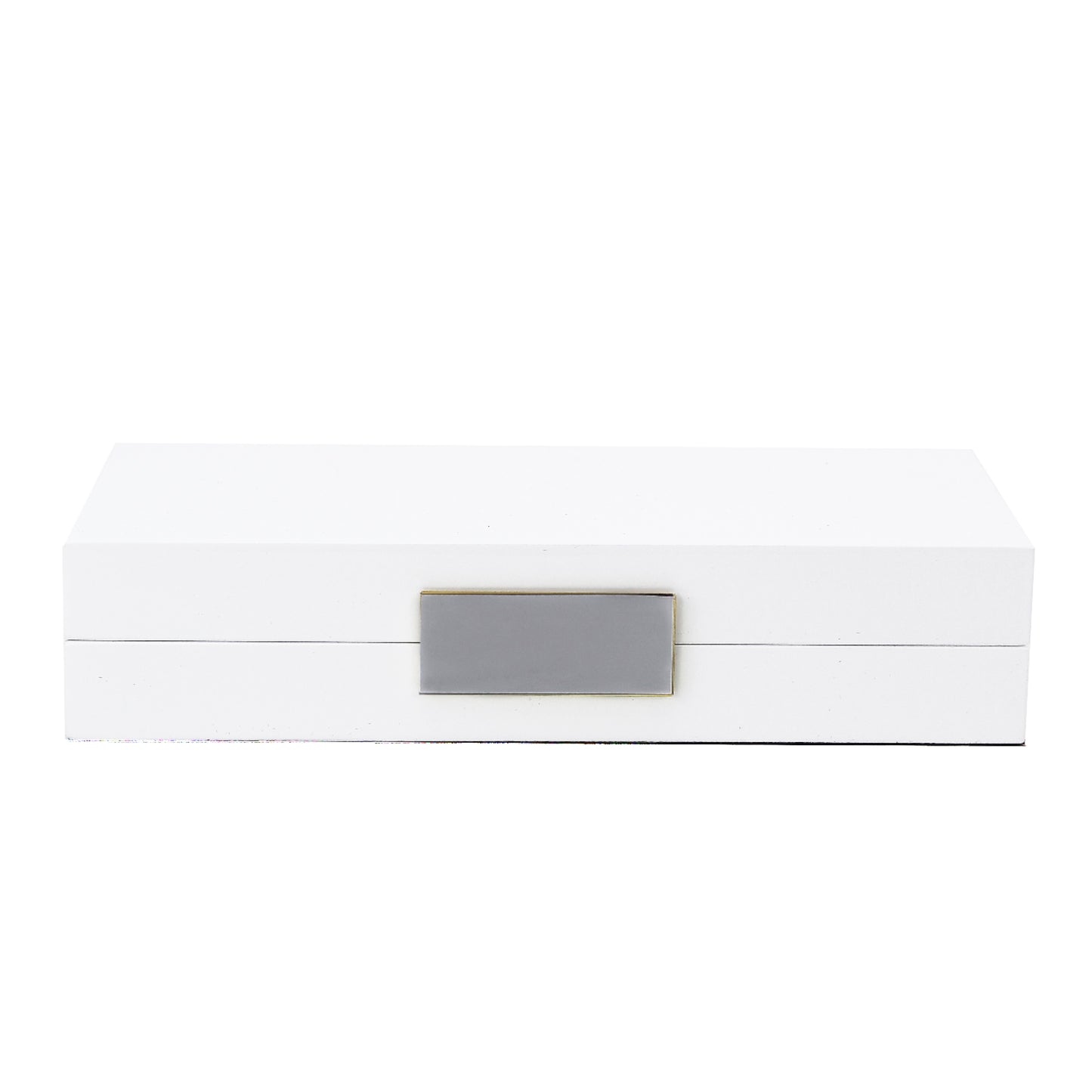 Addison Ross White Lacquer Jewelry Box boasts a sleek lacquered finish and is adorned with a silver rectangular metallic accent on the front.