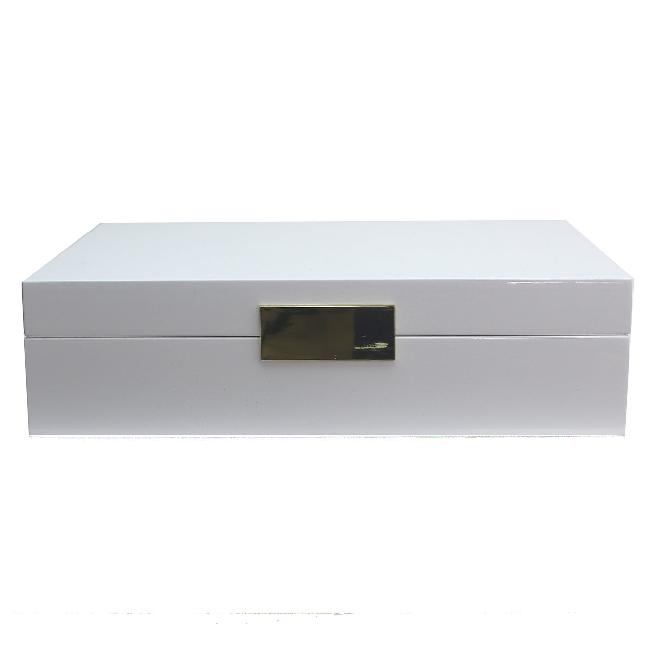 The Addison Ross Lacquer Jewelry Box is rectangular, white, with a polished glossy finish and a gold-colored rectangular clasp on the front.