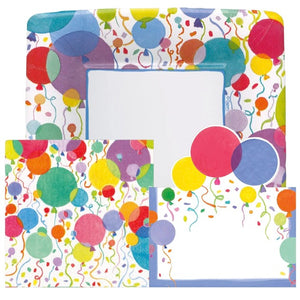 The Caspari Balloons and Confetti Collection features plates, napkins, and invitations adorned with vibrant balloons, streamers, and confetti—ideal paper tableware to brighten up any festive occasion.