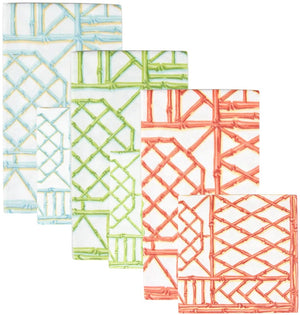 Caspari’s Bamboo Screen Collection features four biodegradable paper linen napkins with bamboo-inspired geometric patterns in blue, green, and orange—ideal for the environmentally-conscious host.