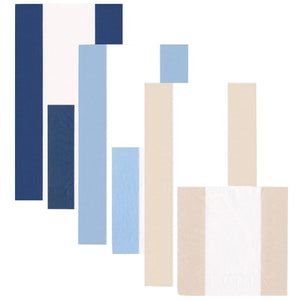 Six rectangular shapes in blue, beige, and white are arranged vertically against a white background, reflecting Caspari’s Bandol Stripe Collection’s modern, eco-friendly napkin design.