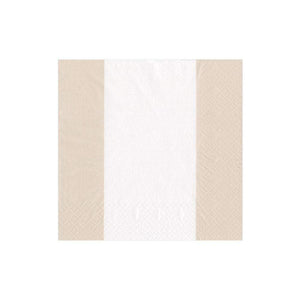 The Caspari Bandol Stripe Collection features square, eco-friendly napkins with a white center, beige side borders, and a subtle textured pattern.