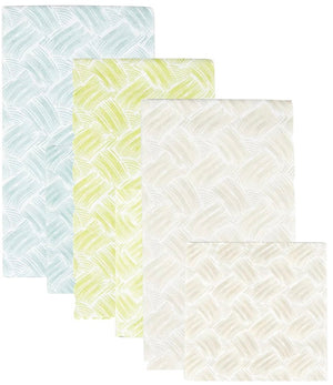 Five fabric napkins from Caspari's Basketry Collection—four rectangular, one square—in pastel blue, green, and beige abstract leaf patterns, arranged overlapping on a white background.