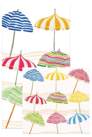 Caspari's Beach Umbrella Collection features colorful striped umbrellas in blue, yellow, red, and green—ideal for your picnic with eco-friendly triple-ply napkins.