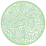 The Caspari Block Print Leaves Collection by Caspari features a circular pattern of green, leaf-like shapes and lines on white with a thin green border—ideal for stylish, eco-friendly napkins for sustainable table settings.