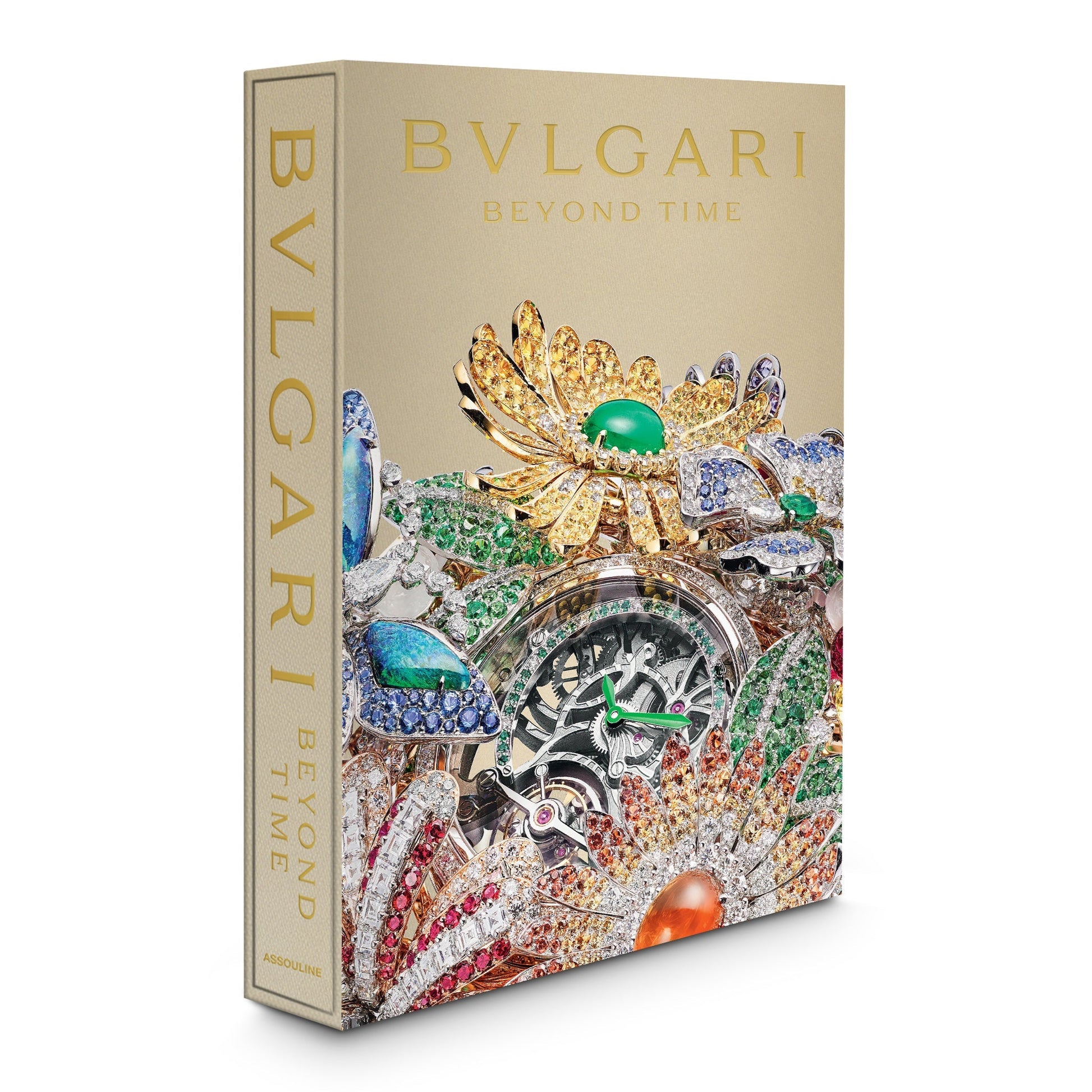 The image shows a book titled "Bulgari Beyond Time" published by Assouline. The cover features colorful jeweled designs and a stunning example of Swiss-Italian watchmaking with a BVLGARI watch.