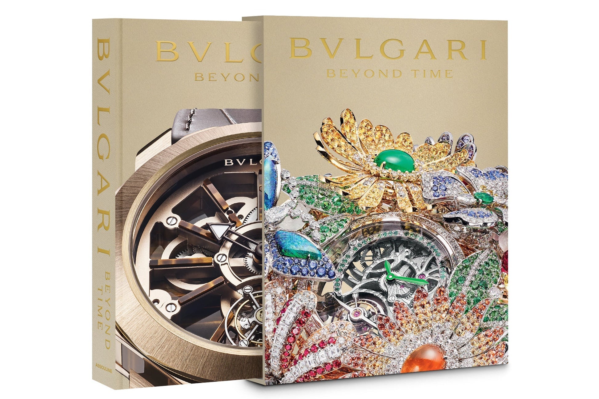 Two books side by side, titled "Assouline - Bulgari Beyond Time," feature covers with intricate jewelry and watch designs. The left book displays a close-up of a mechanical Swiss-Italian watchmaking marvel, while the right book showcases High-Jewelry Serpenti creations.