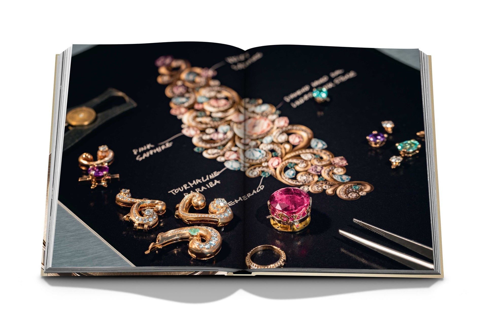 An open book displaying an assortment of jewelry including rings, earrings, and an intricately designed hairpiece, all labeled with names and gemstones. Alongside them, a selection of Bulgari Beyond Time pieces by Assouline catching the eye with their intricate details.