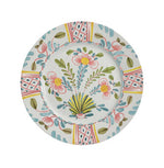 Add Amalfi Coast flair to your table with Duggan Society’s Sorrento Dinnerware Collection, featuring a white ceramic plate adorned with pink, yellow, green, and blue floral and leaf patterns plus Italian-inspired geometric borders.