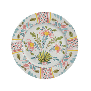 The Duggan Society Sorrento Dinnerware Collection features a decorative ceramic plate with floral and geometric patterns in pink, yellow, green, and blue on white. Evoking the vibrant charm of the Amalfi Coast, this piece blends Italian style into your setting.