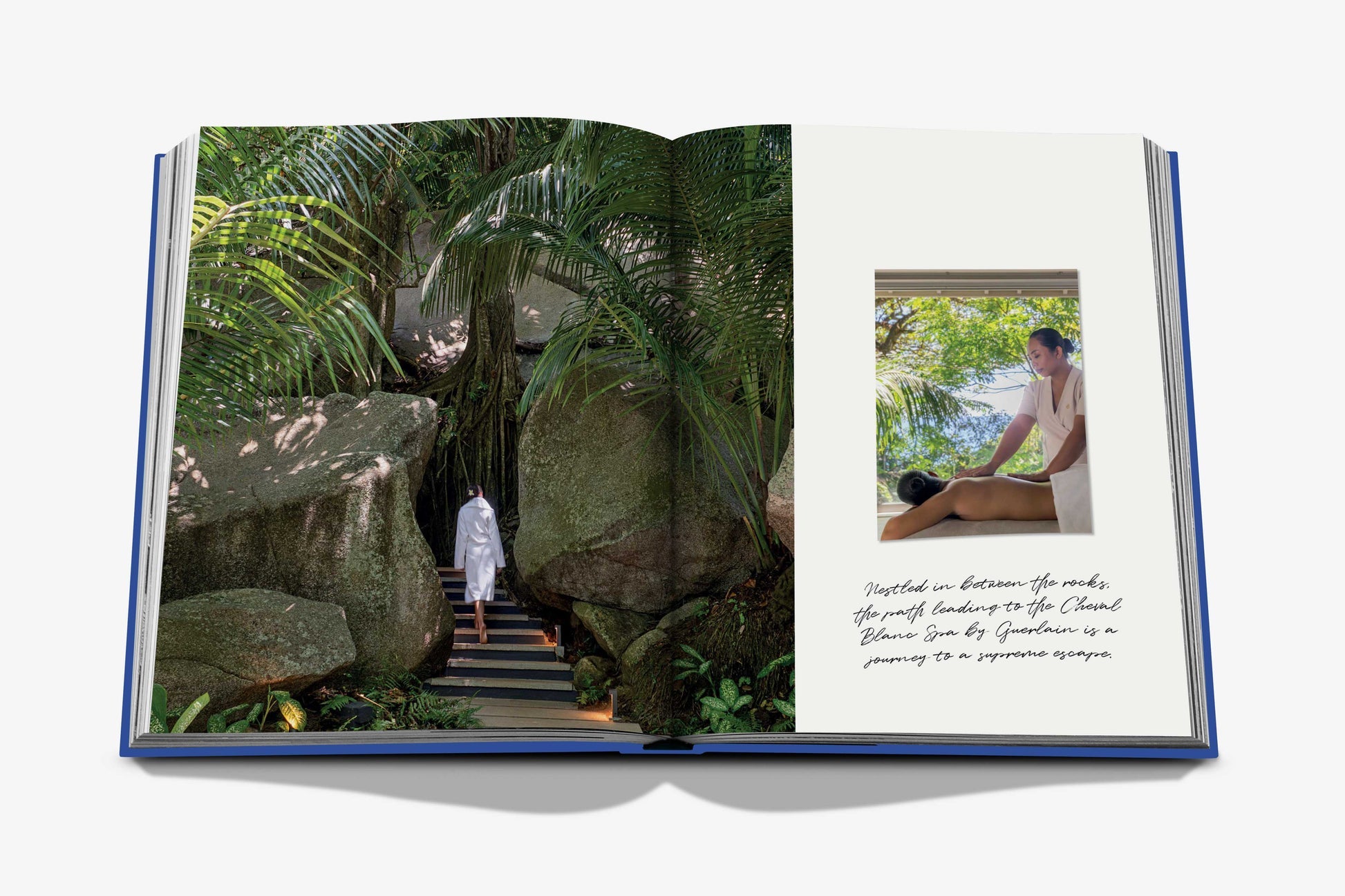 Open the pages of "Cheval Blanc" by Assouline to reveal a tropical spa: left, someone in a robe wanders among rocks; right, another enjoys an indoor massage with lush greenery views. Experience bespoke service and luxury hospitality at its finest.