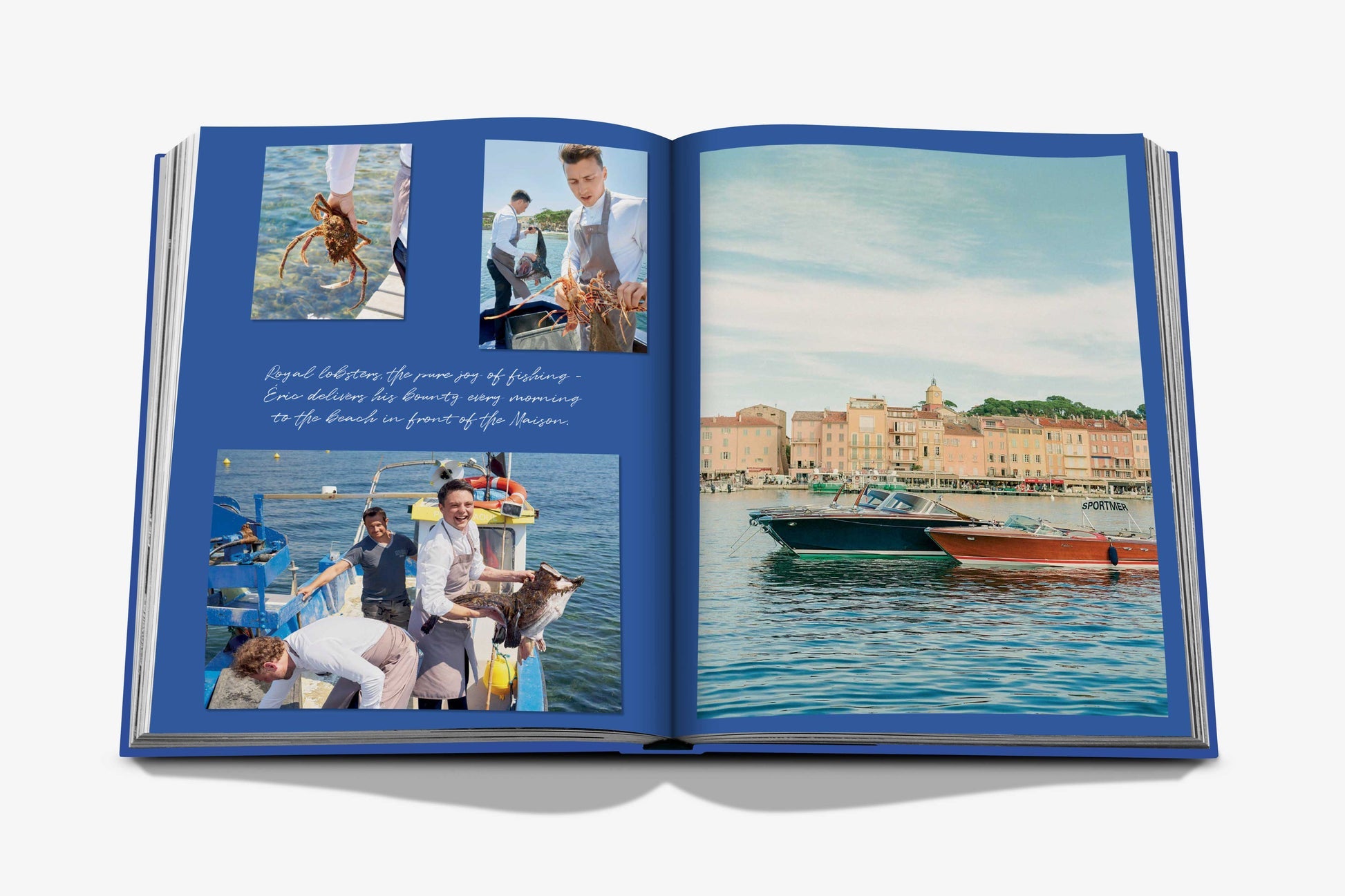 An open book from Assouline featuring images of people fishing near two boats on tranquil waters by a seaside town. Captions on the left page highlight Cheval Blanc's bespoke service and luxury hospitality.