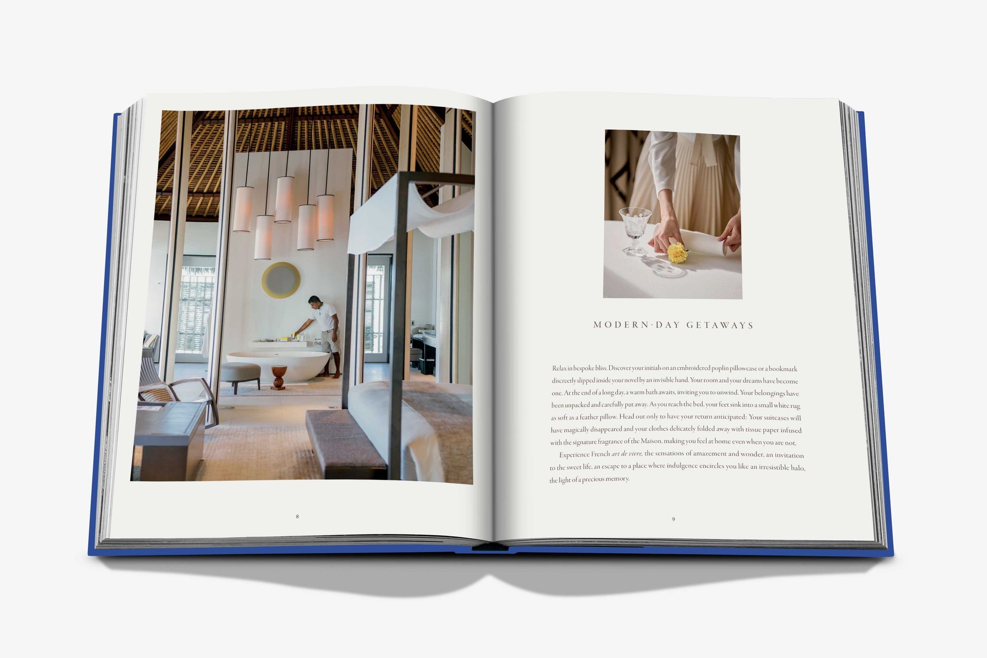 A book from Assouline, titled "Cheval Blanc," reveals a modern interior on the left and someone arranging items on a table on the right, showcasing bespoke luxury hospitality reminiscent of Cheval Blanc experiences.