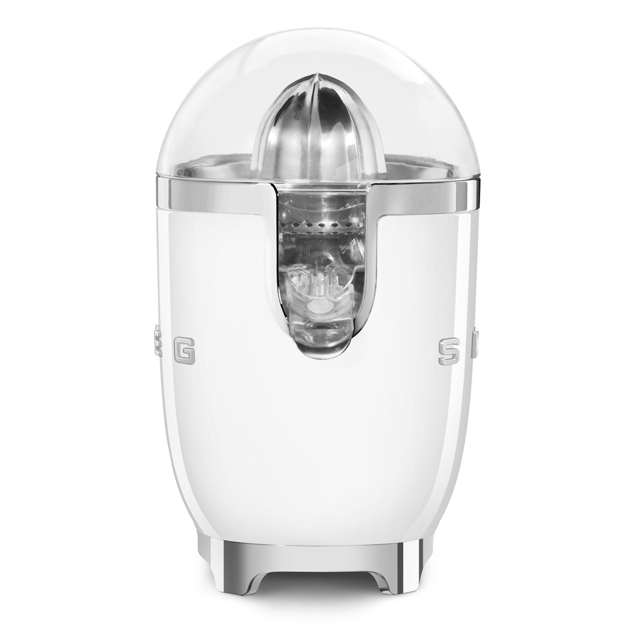 The Smeg Citrus Juicer Collection features a transparent dome lid, visible reamer, chrome accents, pulp filter, and non-drip spout for mess-free pouring.