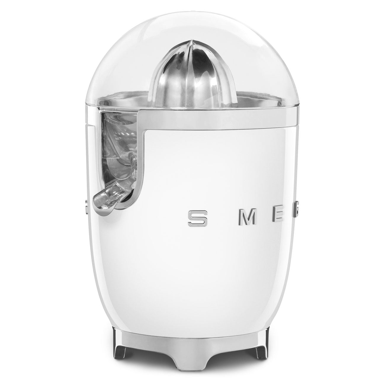 The Smeg Citrus Juicer Collection, in white, features a powerful 70W motor, non-drip spout, and transparent dome lid. Shown against a white background.