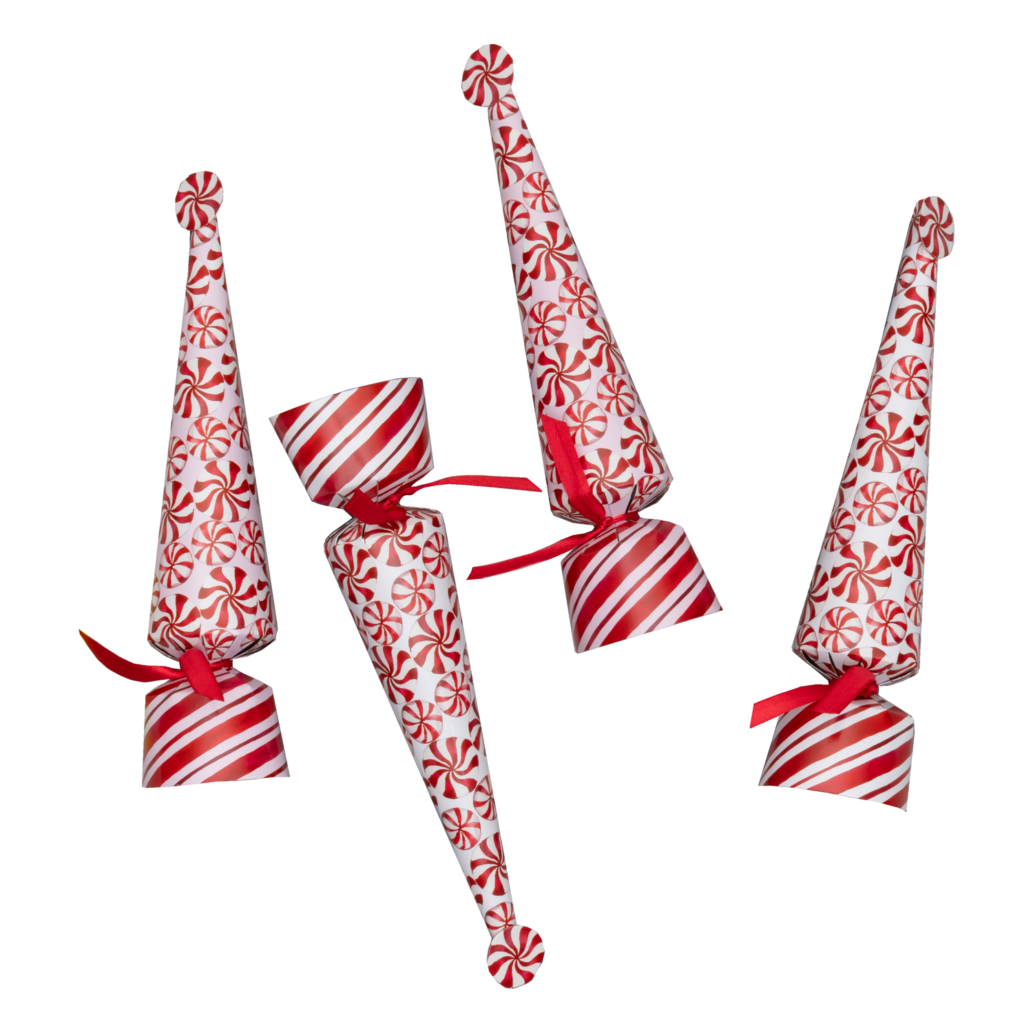 Four Caspari Peppermint Crackers with red and white festive designs and ribbons, arranged on a white background, make perfect party favors filled with holiday surprises.