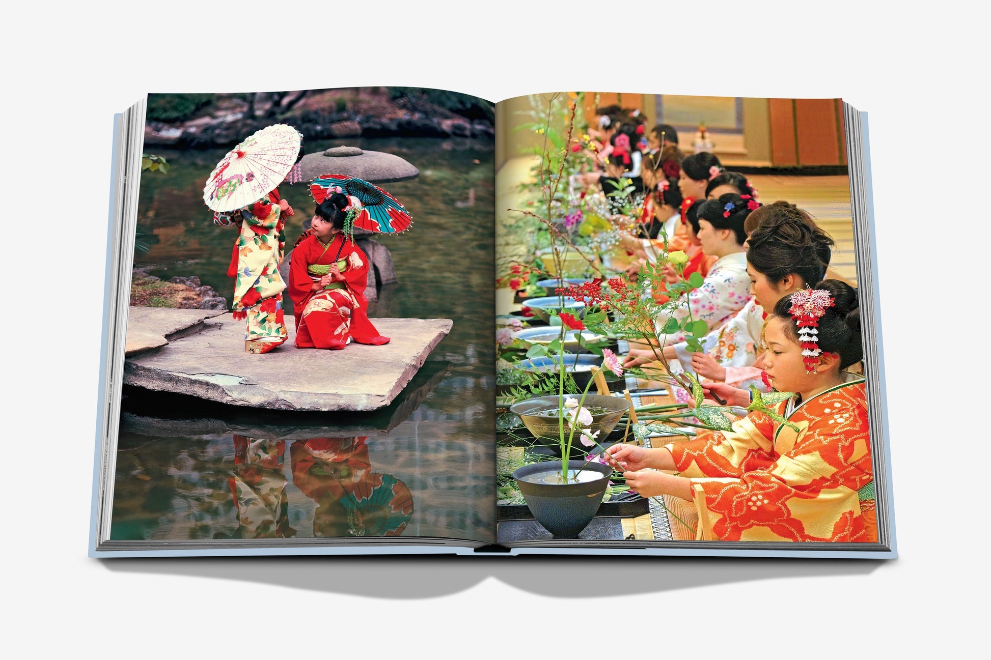 Brand Assouline's "Kyoto Serenity" book features a person in a red kimono with a parasol by a tranquil pond on the left, and people in orange kimonos arranging flowers, showcasing Japanese culture, on the right.