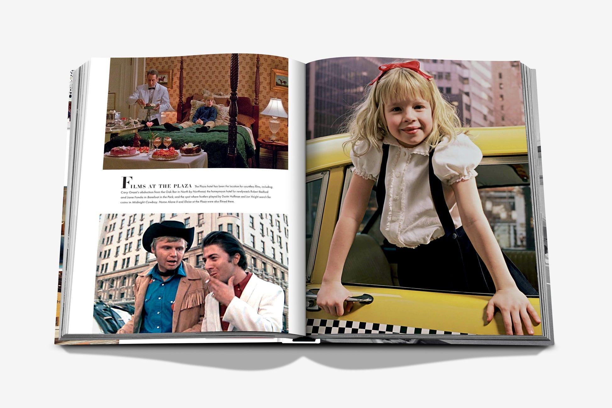 An open book, "5th Avenue" by Assouline, displays scenes: a child in a yellow taxi on Fifth Avenue, two men talking on the street, and hotel room service—each image accompanied by text.