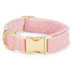 The Foggy Dog Velvet Dog Collar Collection features a light pink velvet collar with a gold metal buckle and D-ring, perfect as a wedding dog accessory. Displayed on a white background.