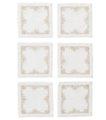The Kim Seybert Pin Dot Cocktail Napkin Set features six white linen napkins with beige embroidered borders, arranged in two rows of three on a white background—perfect for adding elegance to your table setting.
