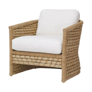 The PALECEK Capitola Outdoor Swivel Lounge Chair in Nit Witty Sea Salt features a woven frame with white seat and back cushions, shown against a plain white background.