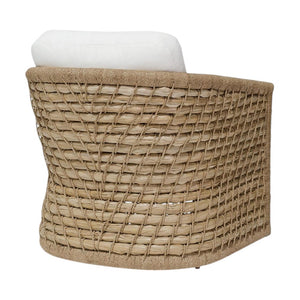 The PALECEK Capitola Outdoor Swivel Lounge Chair in Nit Witty Sea Salt features a woven rattan curved back and a white seat cushion, shown from the rear angle.