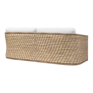 Back view of the PALECEK Capitola Outdoor Sofa in Nit Witty Sea Salt, featuring a curved woven rattan design, white seat cushions, and UV-protected rope—ideal for stylish outdoor spaces.