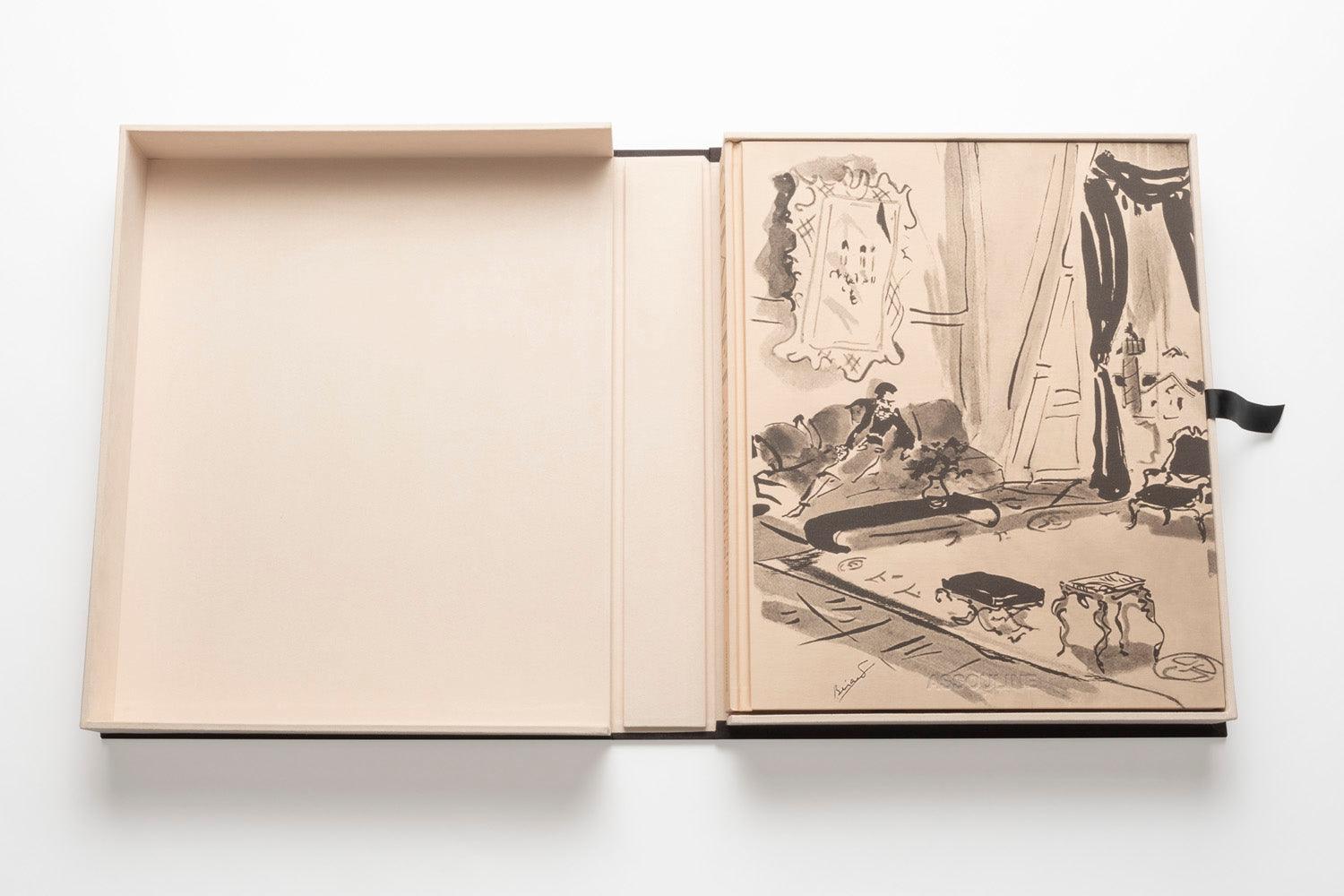 An open beige box exudes understated luxury, displaying an illustrated book cover with abstract drawings and text, including a framed mirror on a wall. The box's right side has a black ribbon for ease of opening, blending "The Impossible Collection of Chanel" by Assouline’s luxe minimalism with modern elegance.
