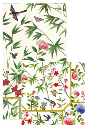 From Caspari’s Chinese Silk Ivory Collection, these eco-friendly, biodegradable triple-ply napkins feature two overlapping botanical designs with bamboo, flowers, butterflies, and birds on a light background.