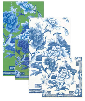 Set of three Chinoiserie Collection cards by Caspari, each with unique blue floral and bird designs on green, white, and off-white backgrounds—reflecting the charm of eco-friendly Caspari napkin patterns.