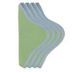 Five stacked, green-topped items from the Duggan Society's Daisy Table Linen Collection, arranged fanned out with blue edges on a white background, evoke the tidy elegance of fine table linens.