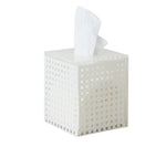 The White Reed Bath Collection tissue box by Kim Seybert showcases a white lattice design inspired by wicker cane, with a single tissue emerging from the top.