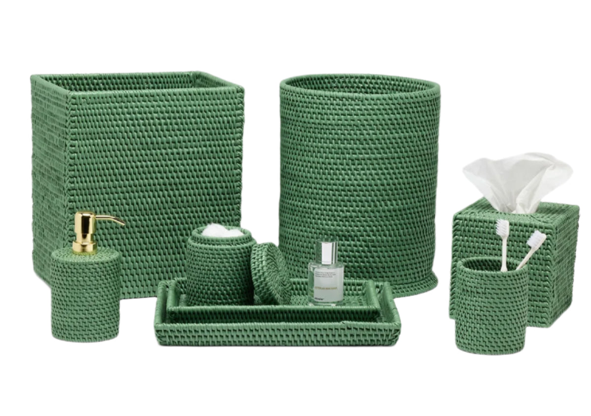 The Dalton Bath Collection by Pigeon & Poodle is an eight-piece green woven accessory set, handcrafted from rattan. Includes bins, a tissue box cover, tray, soap dispenser, cotton jar, and a small container for toiletries.