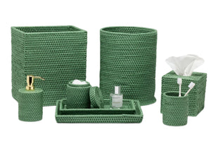 The Dalton Bath Collection by Pigeon & Poodle is an eight-piece green woven accessory set, handcrafted from rattan. Includes bins, a tissue box cover, tray, soap dispenser, cotton jar, and a small container for toiletries.